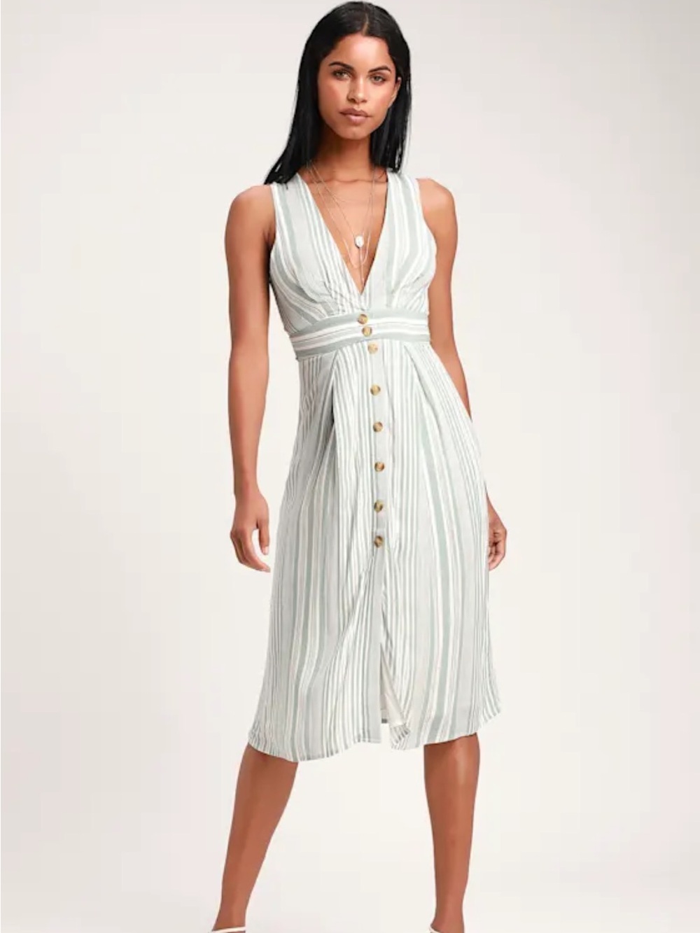 Lulus Sage Green Striped Button-Front Midi Dress Sz Small
